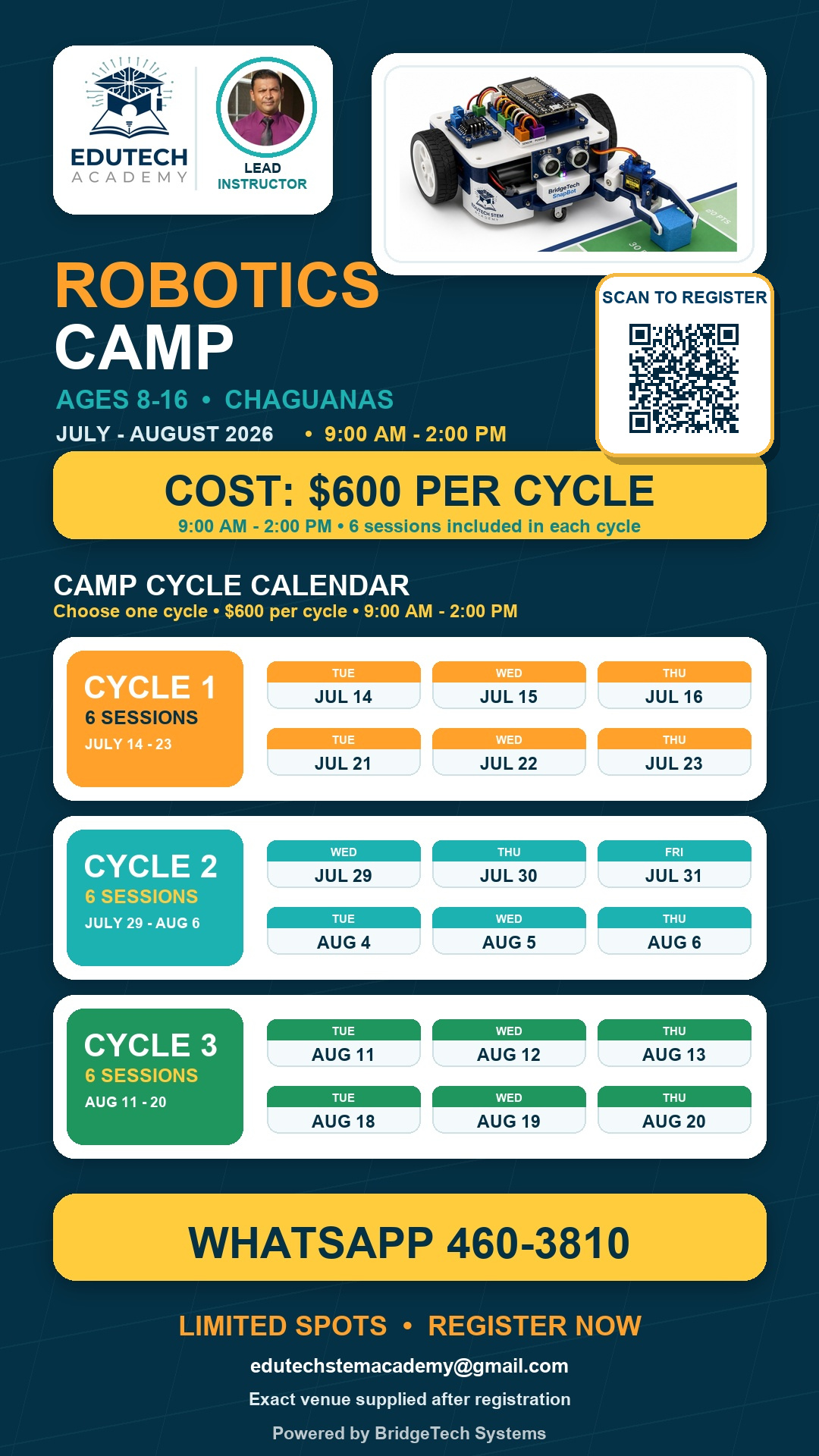 EduTech STEM Academy Robotics Camp 2026 poster with camp cycle calendar